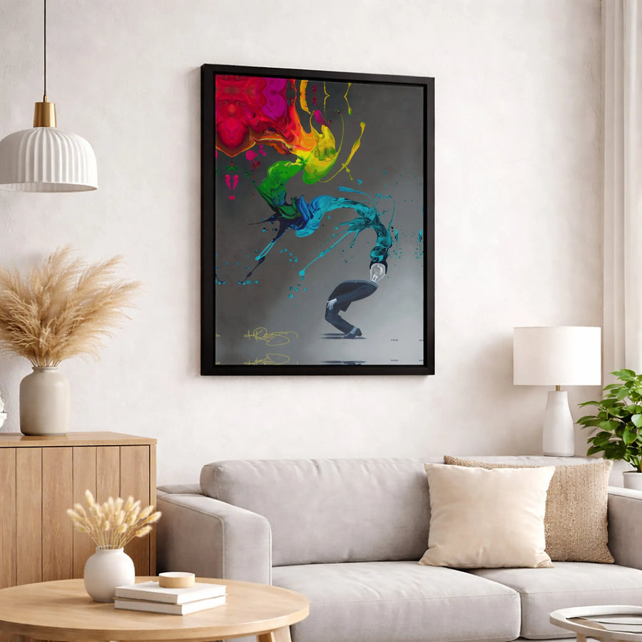 Abstract Breakdancer Lightbulb Head Canvas | Rainbow Paint Splash Modern Wall Art | Premium 1.25" Gallery Wrap | Unique Office Decor Gift