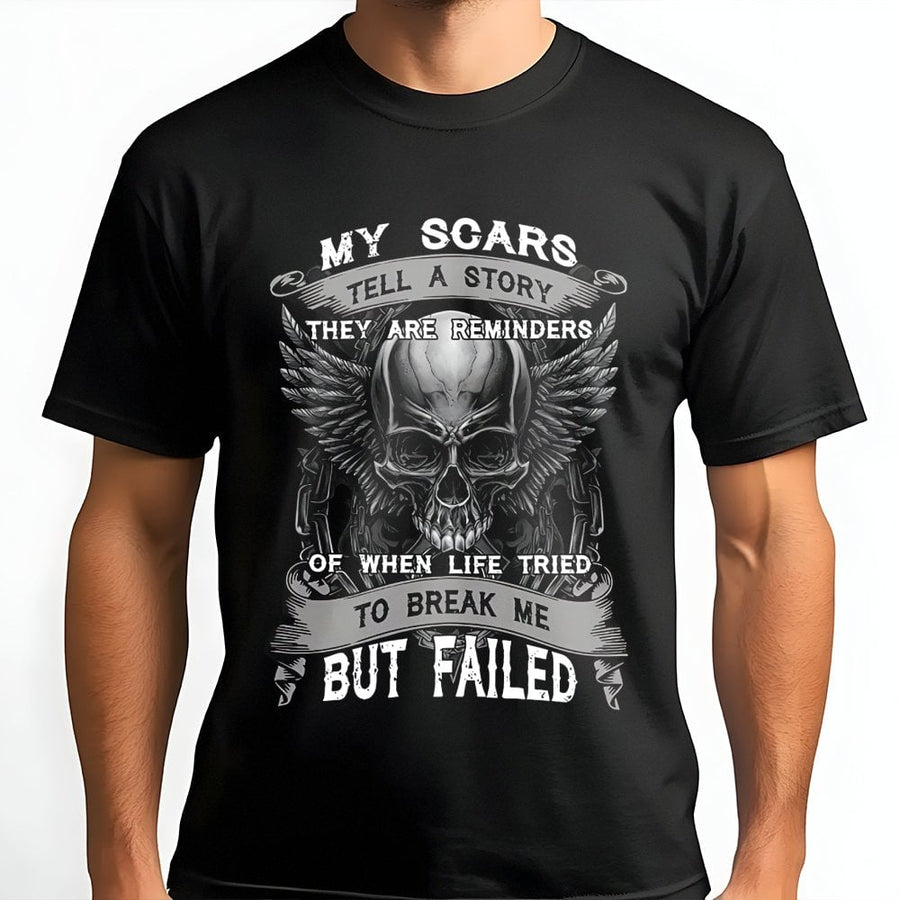 My Scars Tell A Story T-Shirt | Winged Skull Graphic Tee | Premium 100% Cotton | Inspirational Survivor Gift for Men