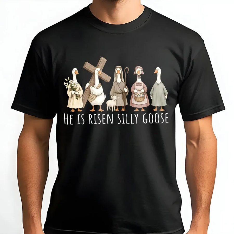 He Is Risen Silly Goose T-Shirt | Funny Christian Easter Graphic | Premium 100% Cotton Tee | Religious Holiday Gift for Family