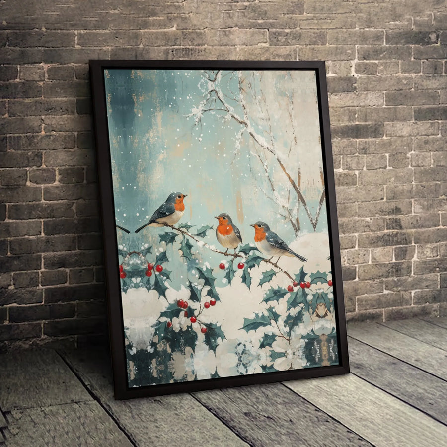 Winter Robin Canvas Wall Art | Snowy Holly Branch Christmas Painting | Premium Fade-Resistant Gallery Wrap | Festive Holiday Home Decor Gift