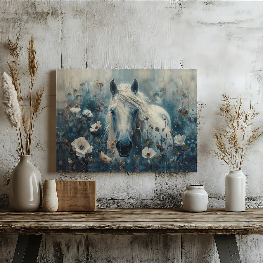 White Horse Canvas Wall Art | Painterly Wildflower Meadow | Premium Fade-Resistant Print | Farmhouse Equestrian Decor Gift