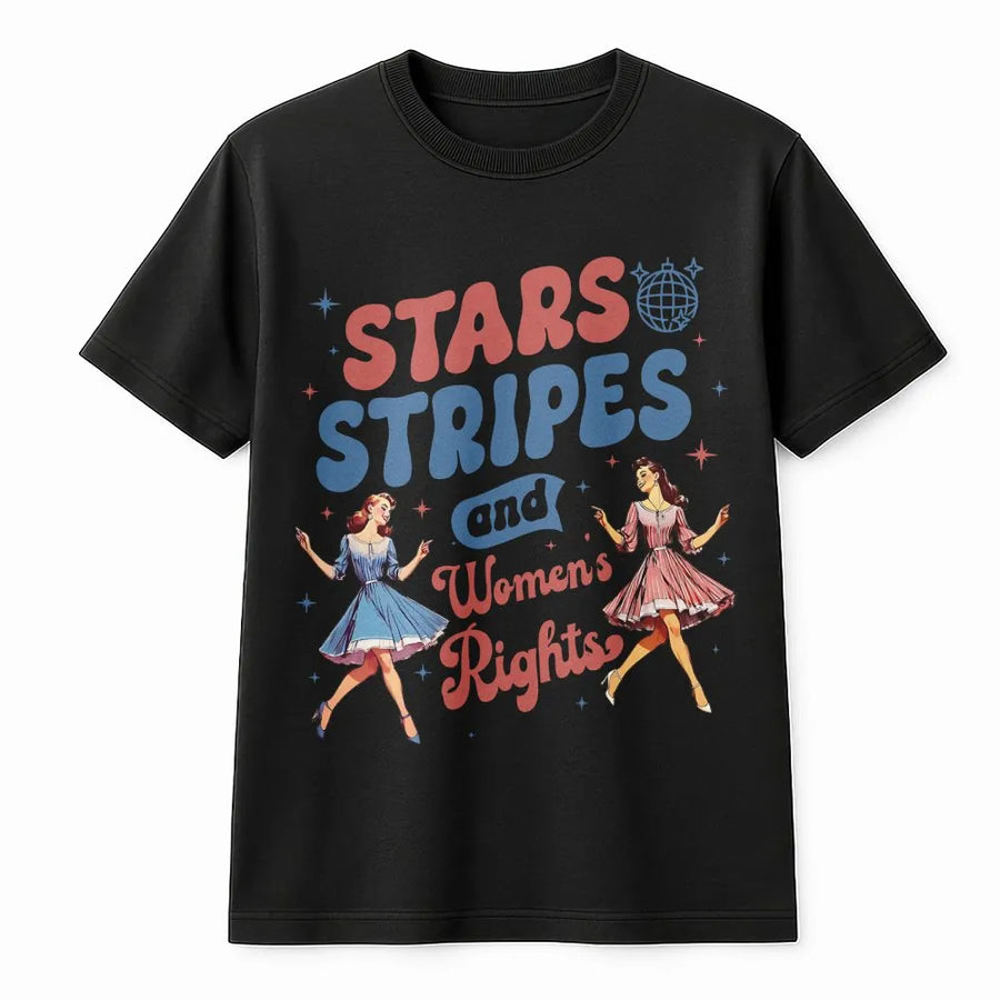 Stars Stripes And Women's Rights T-Shirt | Vintage Pin-Up Graphic | Premium Soft Cotton | Feminist 4th of July Independence Day Patriotic Gift