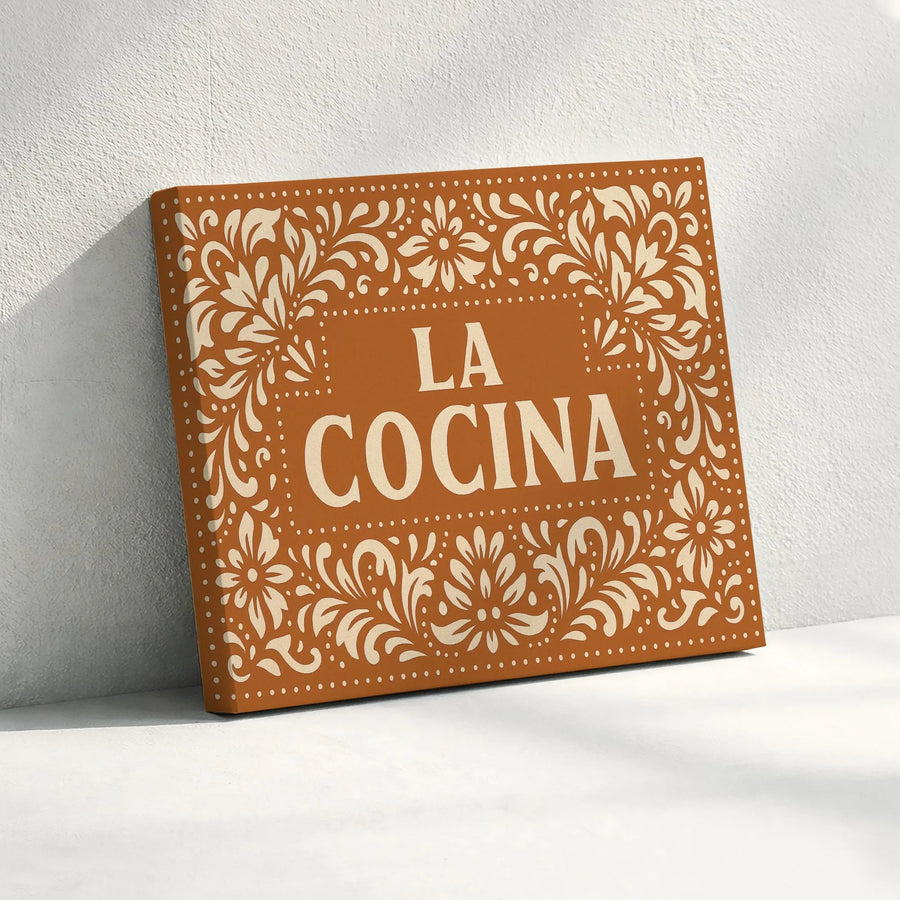 La Cocina Canvas Wall Art | Vintage Floral Folk Art Print | Premium Gallery Canvas | Rustic Spanish Kitchen Decor Gift