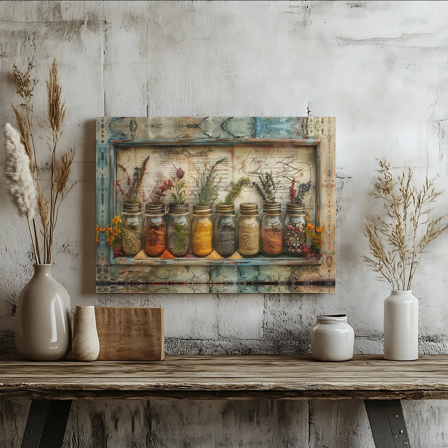 Vintage Apothecary Herb Jar Canvas | Rustic Kitchen Wall Art | Premium Gallery Wrapped Print | Farmhouse Decor for Home or Chef Gift