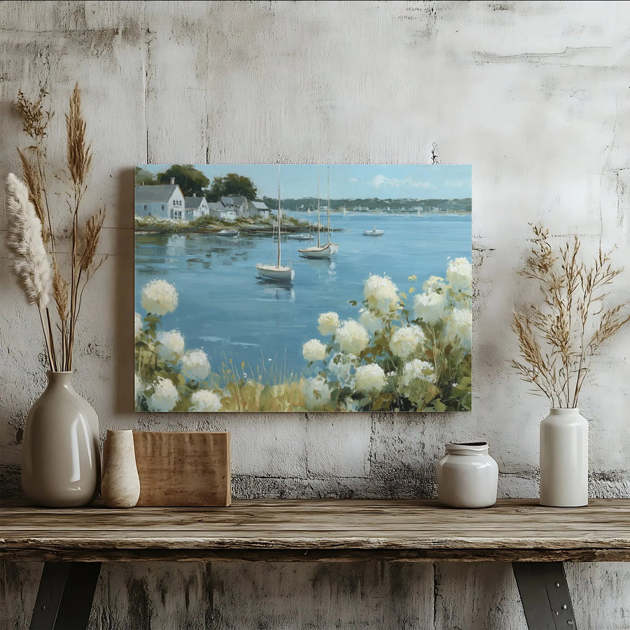 Coastal Harbor Wall Art | Sailboats and Hydrangea Garden Painting | Premium Gallery-Wrapped Canvas | Nautical Home Decor for Living Room