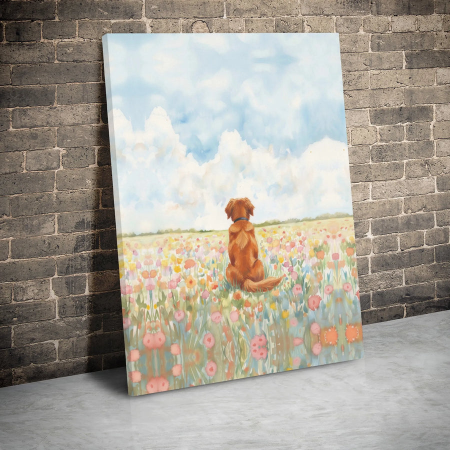 Golden Retriever Canvas Wall Art | Watercolor Wildflower Meadow Portrait | Premium Gallery Wrap Print | Dog Lover Home Decor Gift