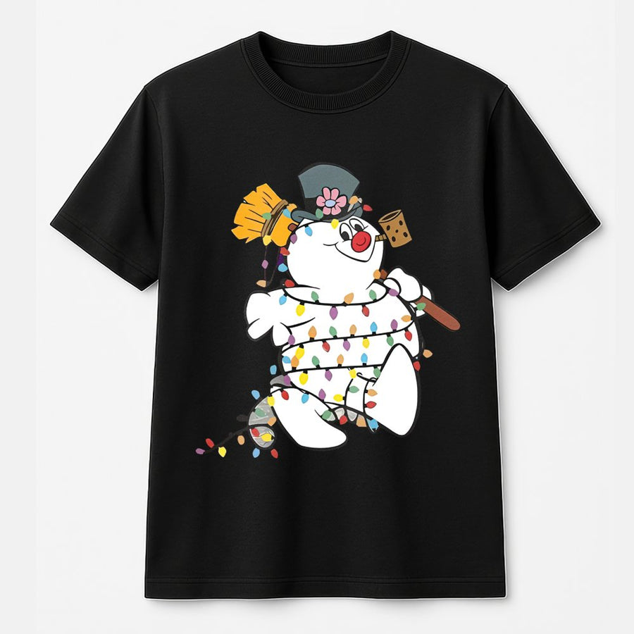 Snowman Christmas Graphic T-Shirt | Festive Holiday Lights Cartoon Design | 100% Cotton Premium Tee | Unisex Gift for Holiday Lovers