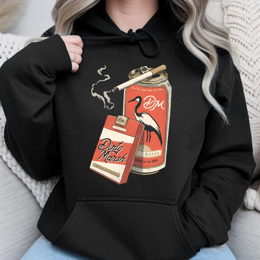 Dirty Marsh Hunting Hoodie | Retro Cigarette and Beer Can Graphic | Soft Cotton Blend | Unique Outdoorsman Gift for Hunters