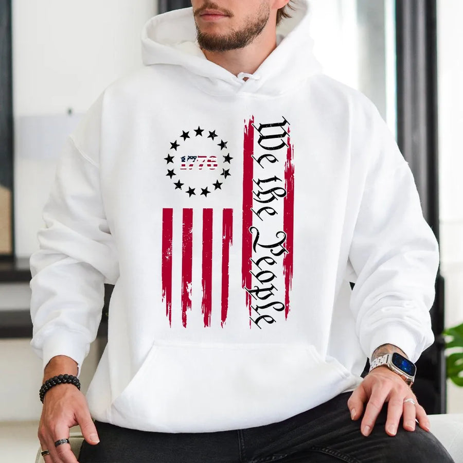 We The People 1776 Hoodie | Vintage Distressed Vertical USA Flag | Premium Cotton Blend | Patriotic 4th of July Gift for Men
