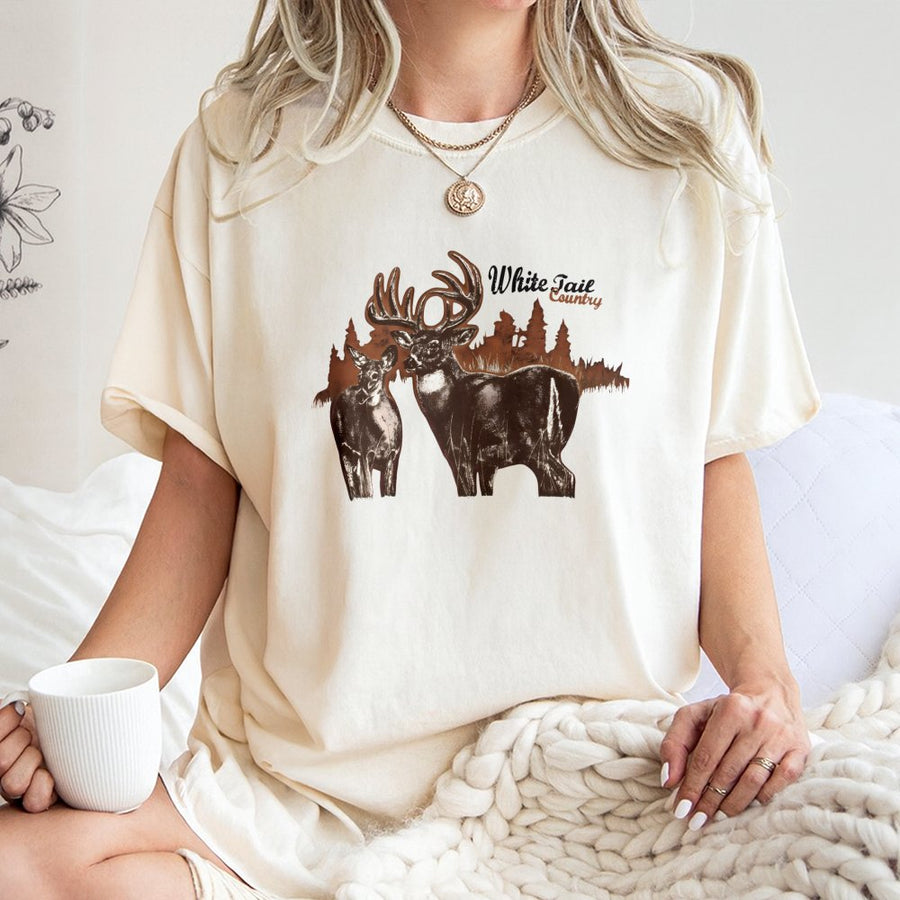Whitetail Deer T-Shirt | Rustic Buck and Doe Graphic | 100% Cotton Premium Tee | Wildlife Hunting Gift for Outdoorsmen and Nature Lovers