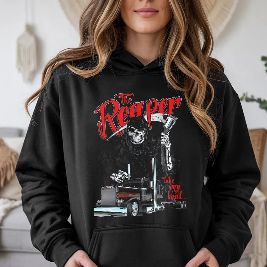 The Reaper Trucker Hoodie | Grim Reaper Semi Truck Graphic | Premium Cotton Blend Pullover | Biker Truck Driver Gift for Men