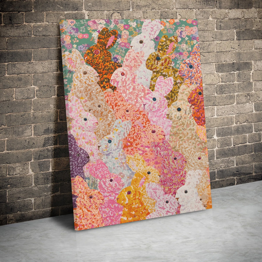Colorful Rabbit Wall Art Canvas | Mosaic Pattern Bunny Decor | Premium Gallery Wrap Print | Whimsical Nursery or Home Decor Gift
