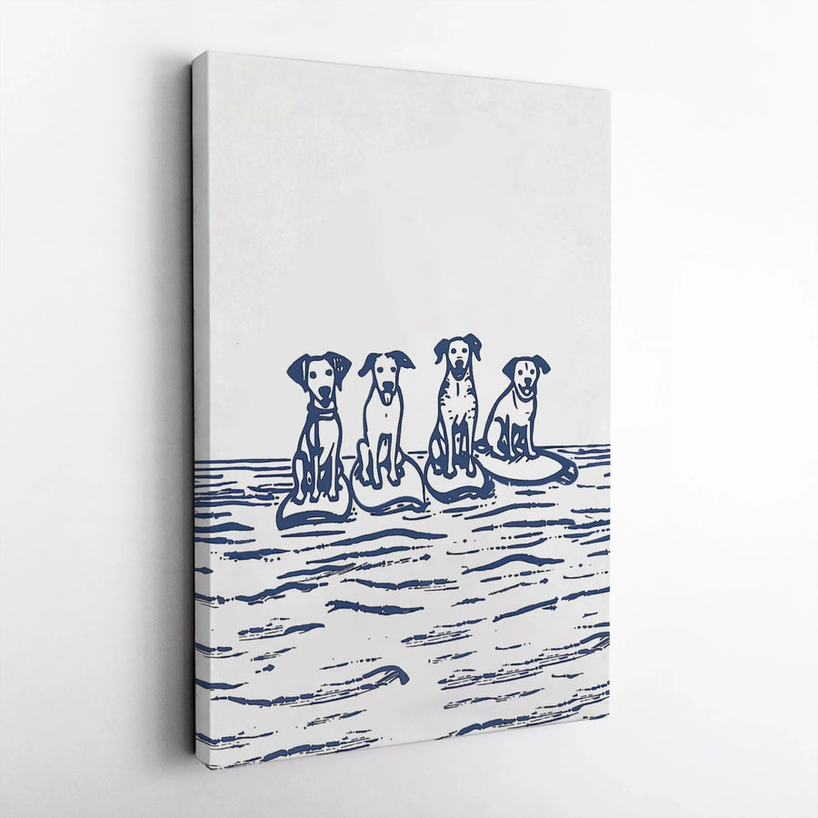 Dog Surfing Canvas Wall Art | Four Dogs On Surfboards Illustration | Premium Gallery Wrapped Print | Coastal Beach House Decor Gift