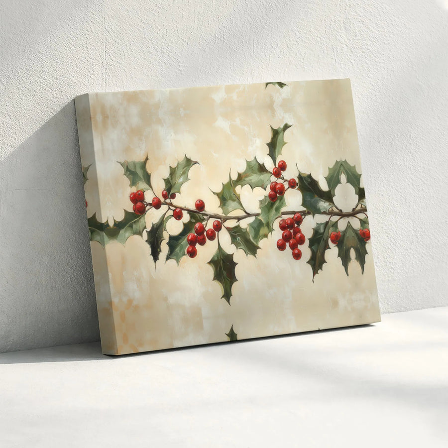 Christmas Holly Branch Canvas Art | Vintage Red Berry Botanical Wall Decor | Gallery Quality Premium Print | Festive Holiday Home Gift
