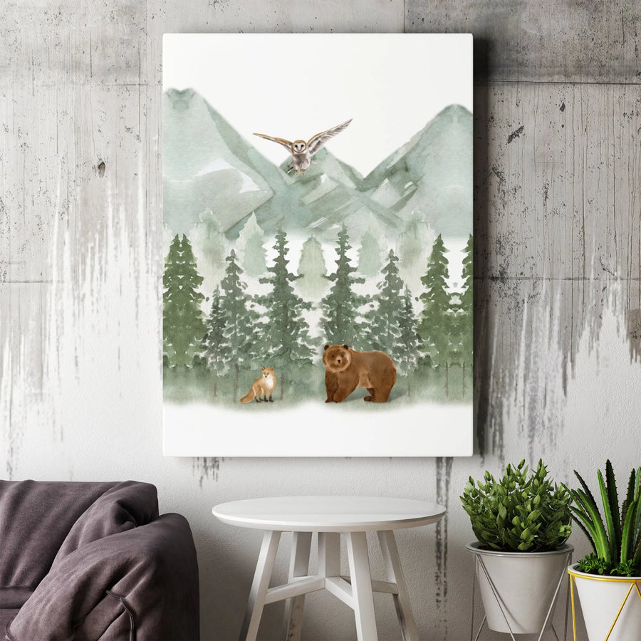Watercolor Forest Animals Canvas Wall Art | Bear Fox Owl Mountain Print | Gallery Wrap Premium Decor | Nursery & Home Wall Decor Gift