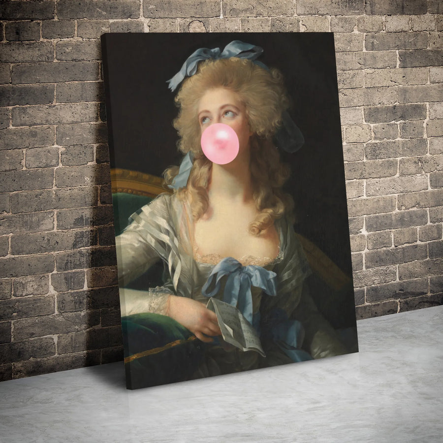 Classical Woman Portrait Canvas | Bubble Gum Pop Art Wall Decor | 1.25 Inch Gallery Wrap | Edgy Baroque Fine Art Gift for Home Office