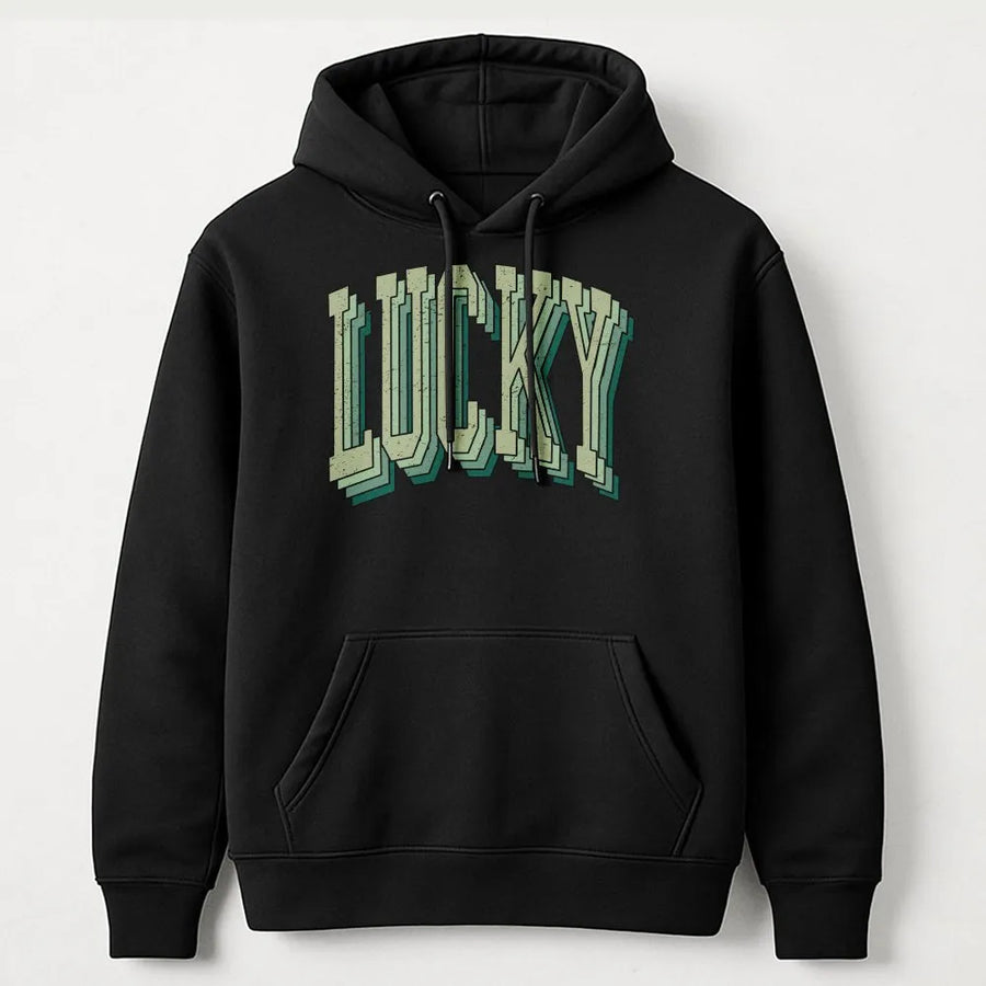 Lucky Hoodie | Retro Green Lettering Graphic | Soft Cotton-Polyester Premium Blend | St Patricks Day Gift For Men And Women
