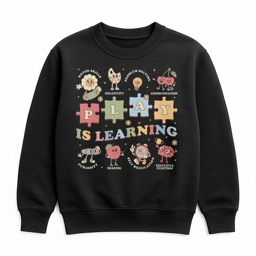Sweat-shirt Enseignant Le jeu est un apprentissage | Motif rétro sur l'apprentissage par le jeu | Mélange de coton doux | Cadeau pour éducateur de maternelle et de préscolaire
