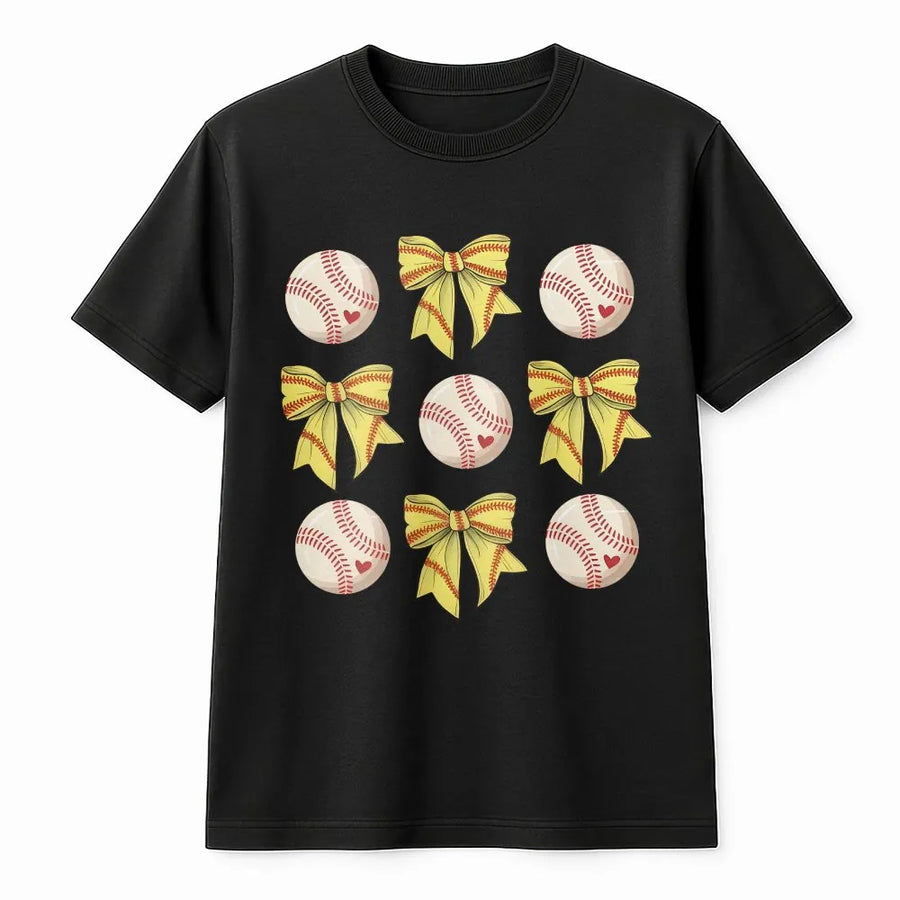 Softball Bows T-Shirt | Cute Sports Graphic Print | 100% Cotton Premium Tee | Softball Mom Gift for Baseball Season