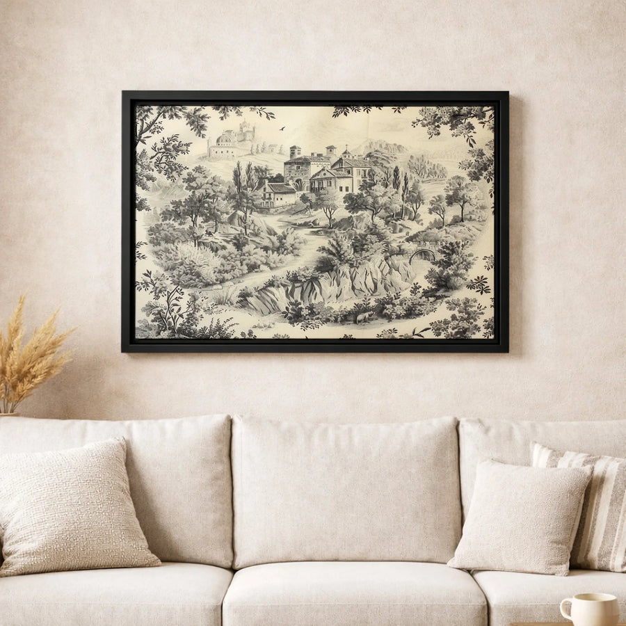 Vintage French Countryside Landscape Canvas Wall Art | Toile de Jouy Style Sketch | Premium Gallery Wrap Print | Elegant Home Decor Gift