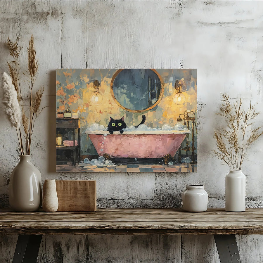 Black Cat in Pink Bathtub Wall Art | Whimsical Bathroom Decor Painting | Premium Gallery-Wrapped Canvas | Funny Animal Lover Gift