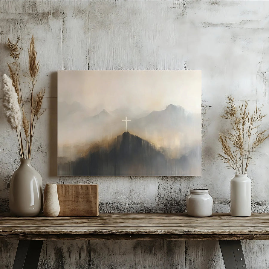 Christian Cross Mountain Canvas Art | Moody Foggy Landscape Print | 1.25 Inch Gallery Wrap | Religious Home Decor Gift for Faithful