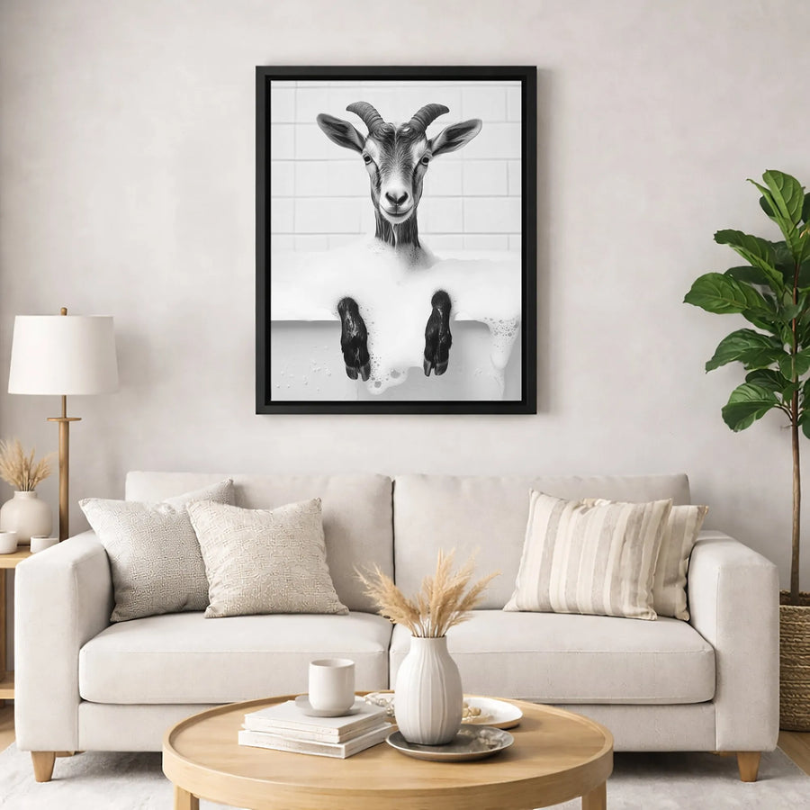 Goat in Bathtub Wall Art | Funny Farmhouse Animal Portrait | Premium Gallery Canvas | Unique Bathroom Decor Gift
