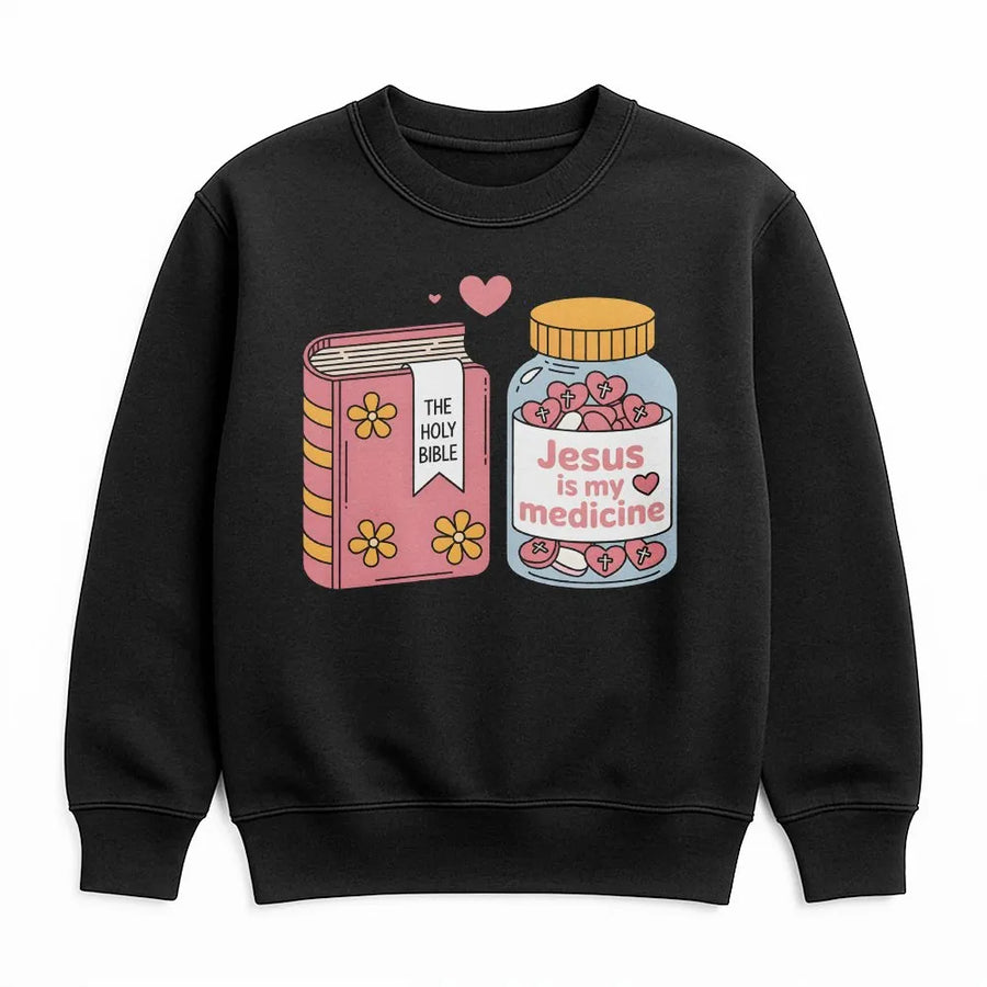Jesus Is My Medicine Sweatshirt | Cute Bible & Medicine Jar Graphic | Soft Cotton Blend Pullover | Faith Based Religious Gift for Women and Men