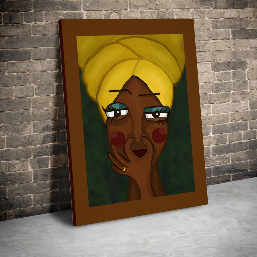 Abstract Black Woman Portrait Canvas | Yellow Headwrap Wall Art | Premium 1.25-Inch Gallery Wrap | Modern African American Decor Gift