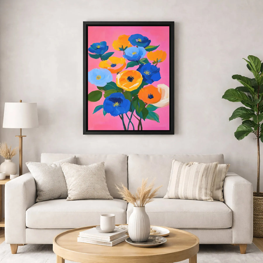 Abstract Floral Canvas Wall Art | Colorful Blue and Orange Flower Bouquet Painting | Gallery-Wrapped Premium Decor | Modern Gift for Her