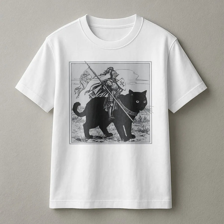Knight Cat T-Shirt | Medieval Renaissance Fair Graphic Tee | Premium Cotton Soft Print | Funny Fantasy Animal Gift for Cat Lovers