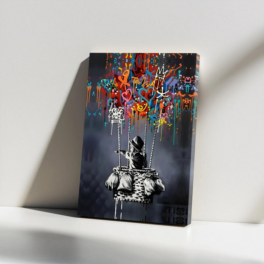Street Art Canvas Print | Graffiti Hot Air Balloon Child | Premium Gallery Wrap Wall Decor | Modern Urban Art Gift for Home Office