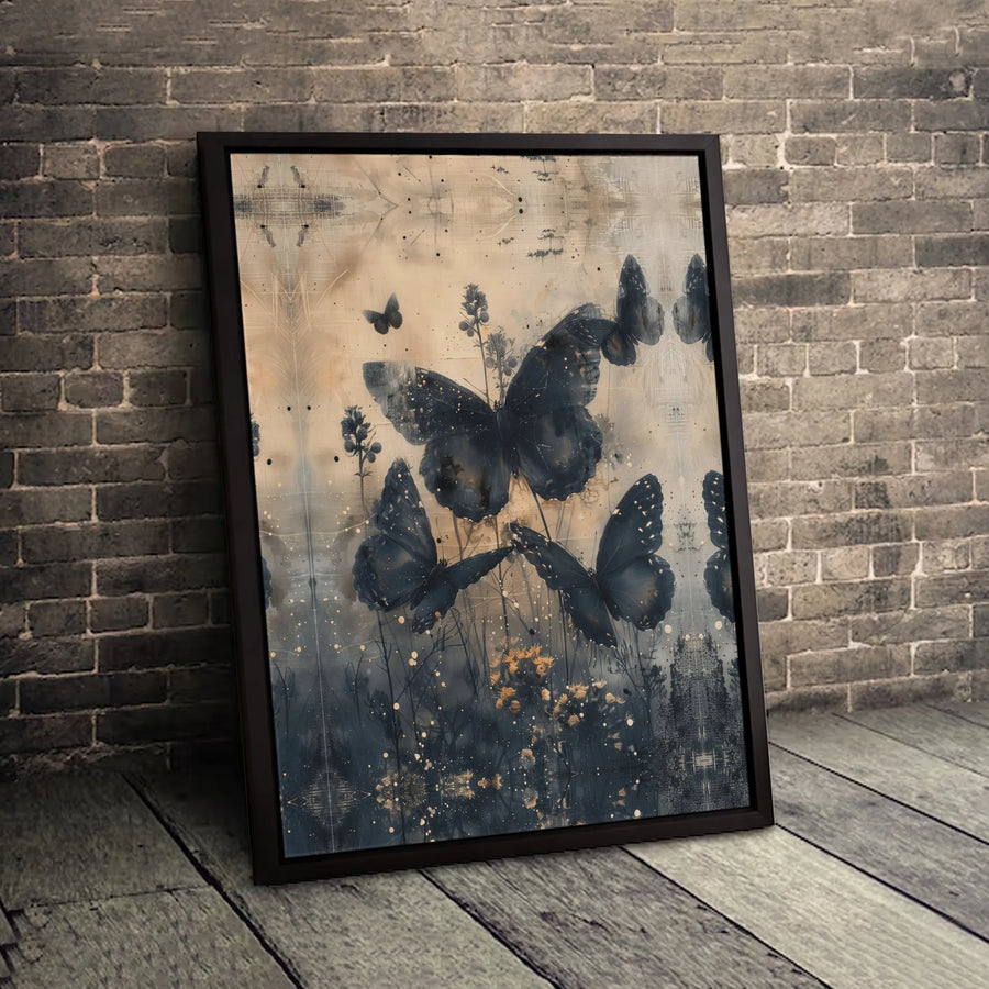 Dark Butterfly Wall Art | Abstract Gold Splatter Floral Canvas | Premium Gallery-Wrapped Print | Elegant Home Decor for Living Room