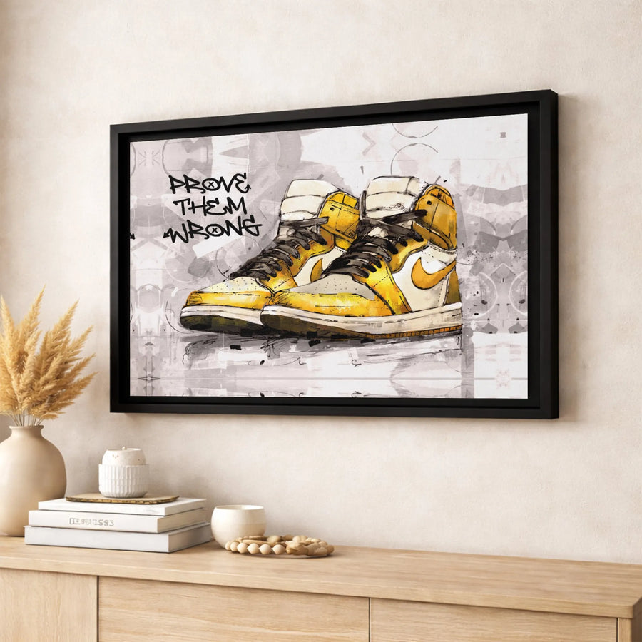Prove Them Wrong Sneaker Canvas Art | Yellow High-Top Basketball Shoes Design | Premium 1.25-Inch Thick Gallery Print | Motivational Wall Decor for Sneakerheads
