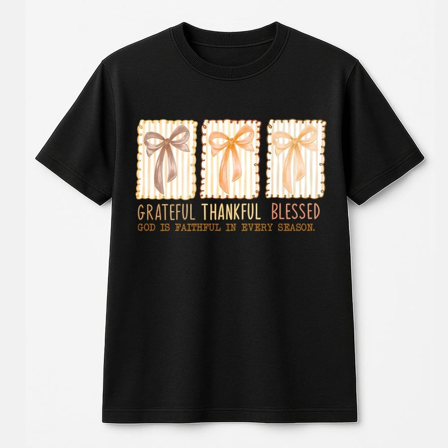 Grateful Thankful Blessed T-Shirt | Christian Coquette Bow Graphic | Premium Cotton Unisex Tee | Fall Faith-Based Thanksgiving Gift