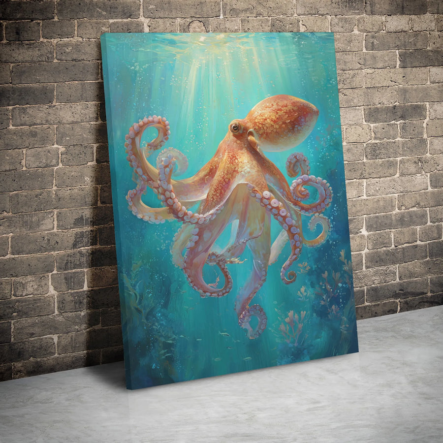Octopus Canvas Wall Art | Ocean Underwater Marine Life Print | Premium Gallery Wrap Wooden Frame | Coastal Beach Home Decor Gift