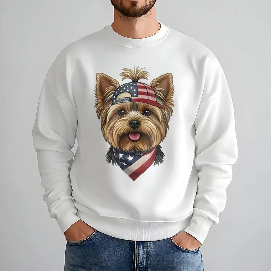 Patriotic Yorkie Sweatshirt | Cute Dog with USA Flag Bandana & Hat | Soft Cotton Blend | 4th of July Gift for Dog Lover
