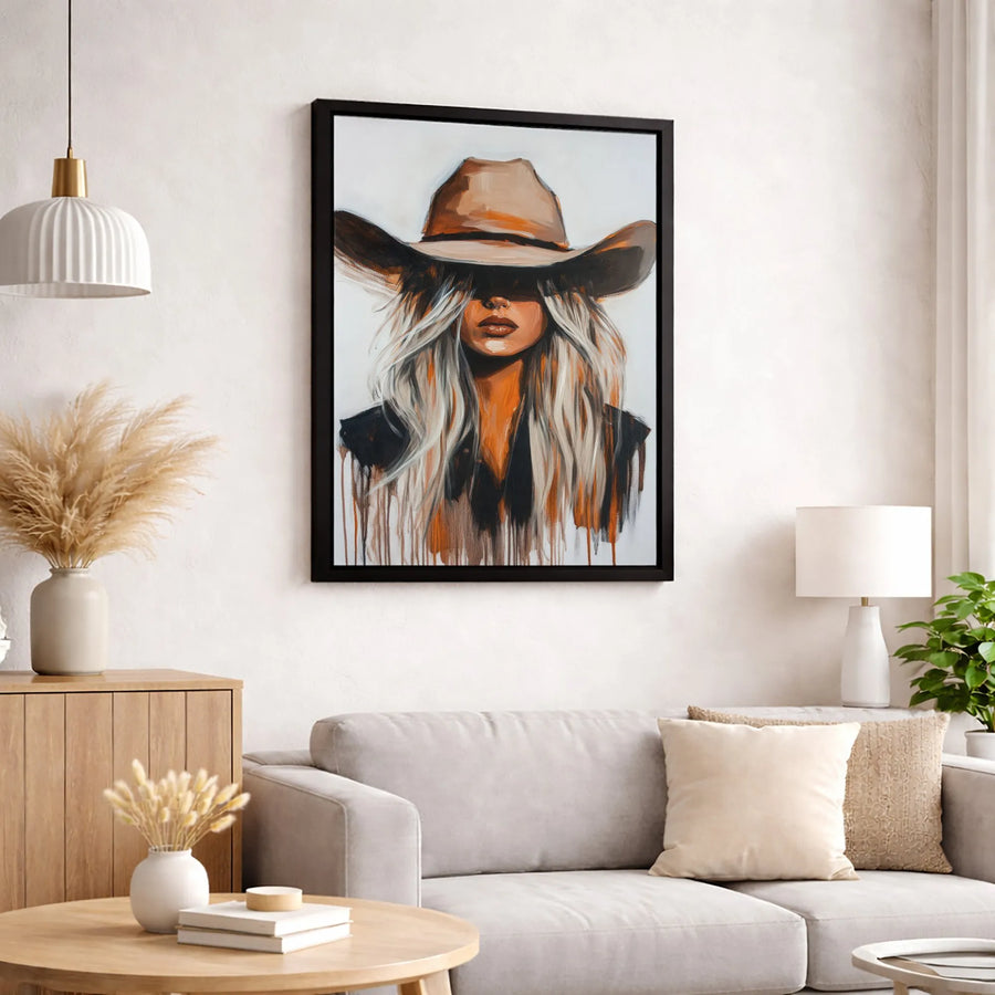 Cowgirl Portrait Canvas Wall Art | Western Blonde Cowgirl In Cowboy Hat | Premium Fade-Resistant Print | Rustic Home Decor Gift For Her
