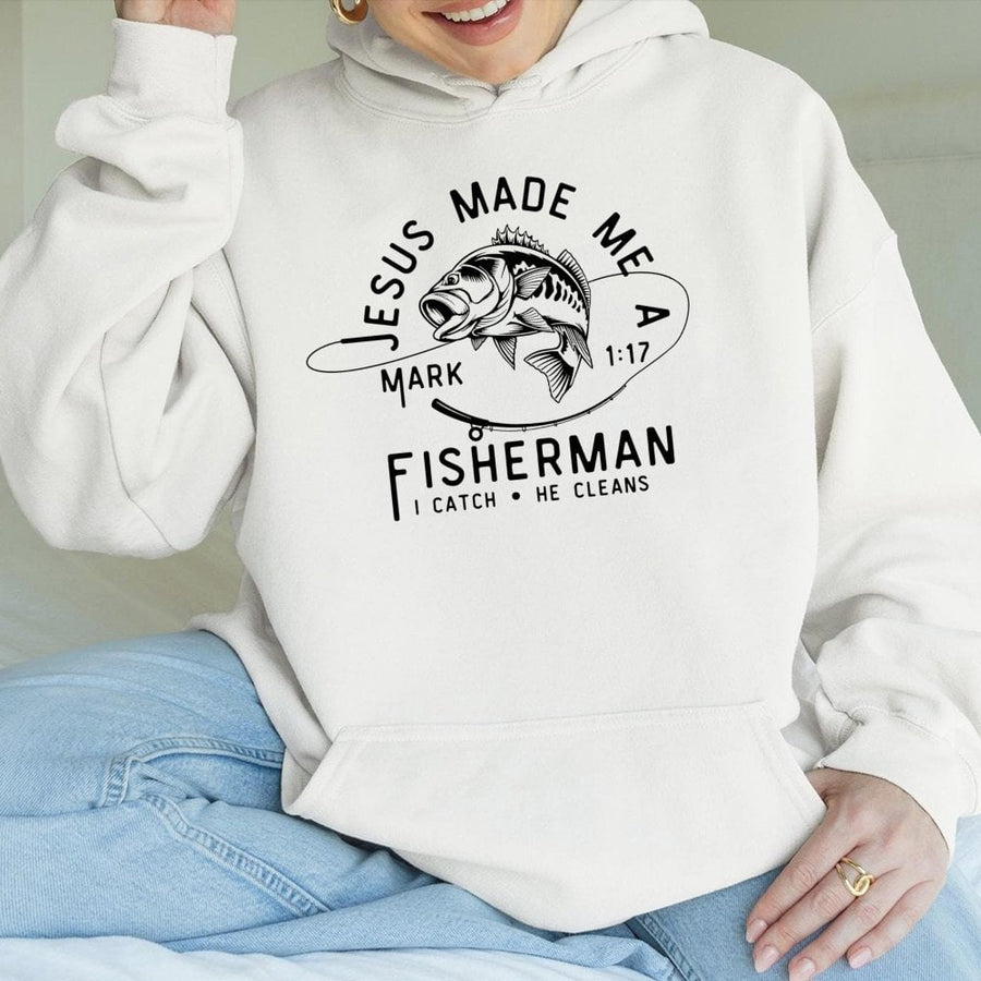 Jesus Made Me A Fisherman Hoodie | Mark 1:17 Bible Verse Graphic | Premium Cotton Blend | Christian Gift For Men And Women