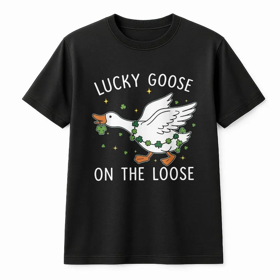 Lucky Goose On The Loose T-Shirt | Funny St. Patricks Day Graphic Tee | Premium Soft Cotton | Irish Shamrock Gift for Goose Lovers