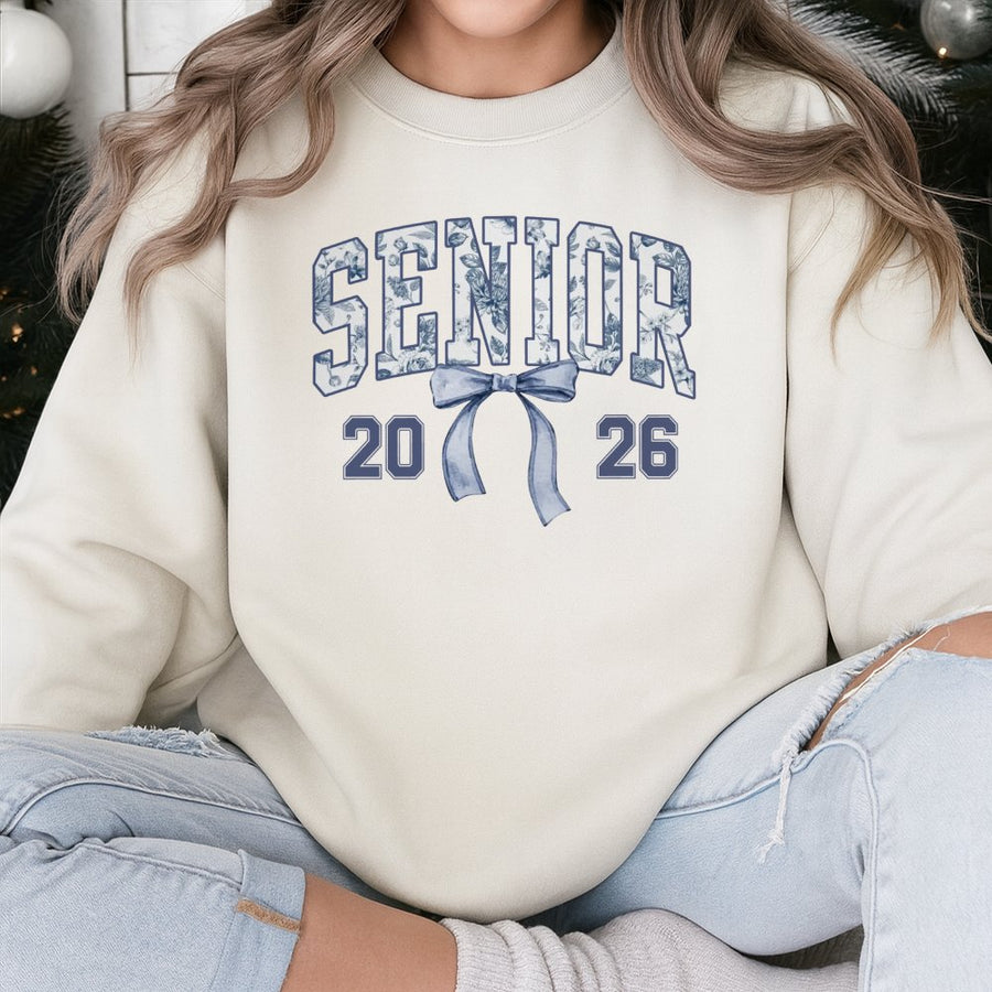 Senior 2026 Sweatshirt | Coquette Blue Bow Toile Graphic | Premium Cotton Blend | Graduation Gift for High School and College Seniors