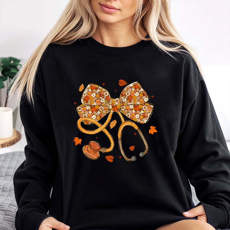 Fall Stethoscope Sweatshirt | Floral Bow Autumn Medical Design | Premium Cotton-Poly Blend | Nurse Gift For Women Doctors Students