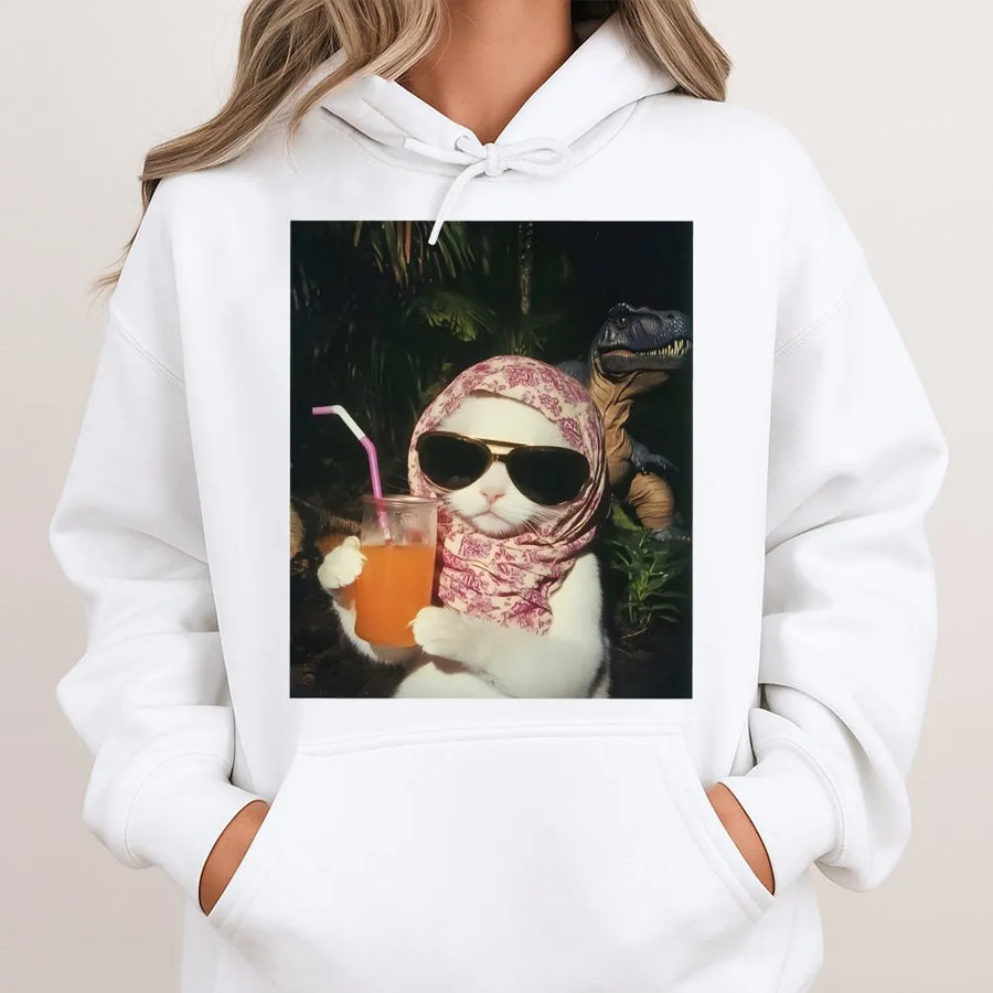 Chill Girl Cat Meme Hoodie | Funny Babushka Cat With Dinosaur Graphic | Premium Soft Cotton Blend | Trendy Streetwear Gift For Gen Z