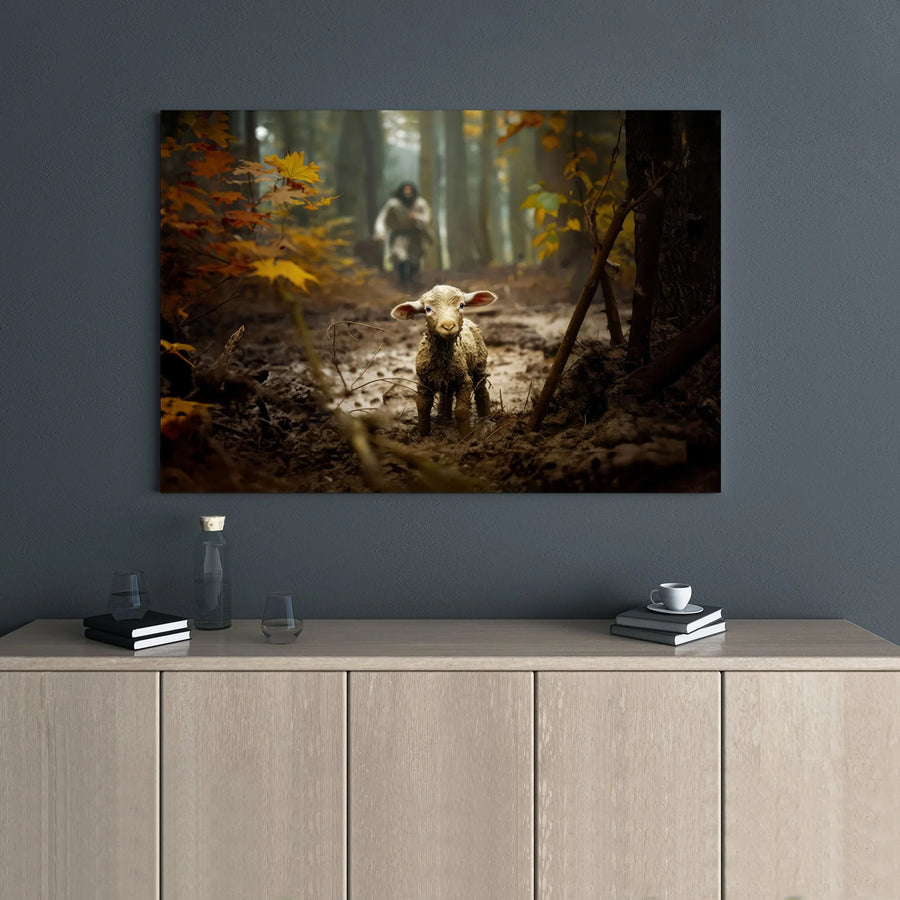 Jesus Good Shepherd Canvas Art | Lost Lamb In Forest Design | Premium Gallery Wrap Wall Decor | Christian Home Gift For Believers