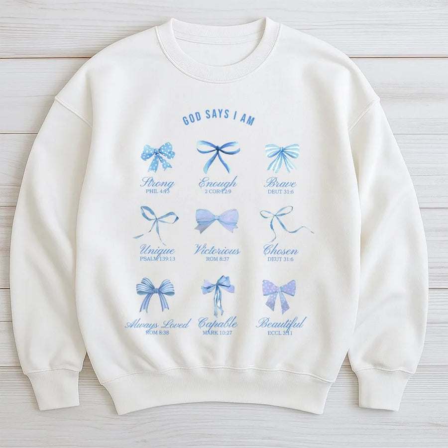 God Says I Am Sweatshirt | Christian Coquette Blue Bows Bible Verse Design | Soft Cotton Blend Pullover | Inspirational Gift for Her