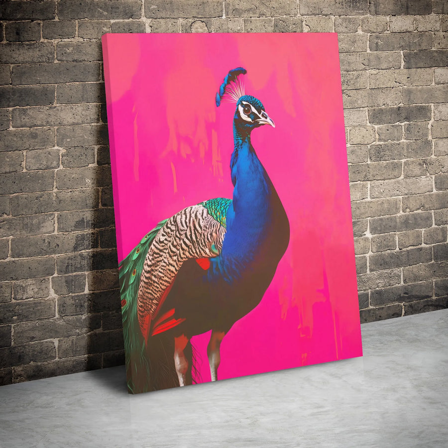Peacock Wall Art Canvas | Vibrant Hot Pink Bird Print | Premium 1.25 Gallery Wrap | Modern Home Decor Gift for Bird Lovers