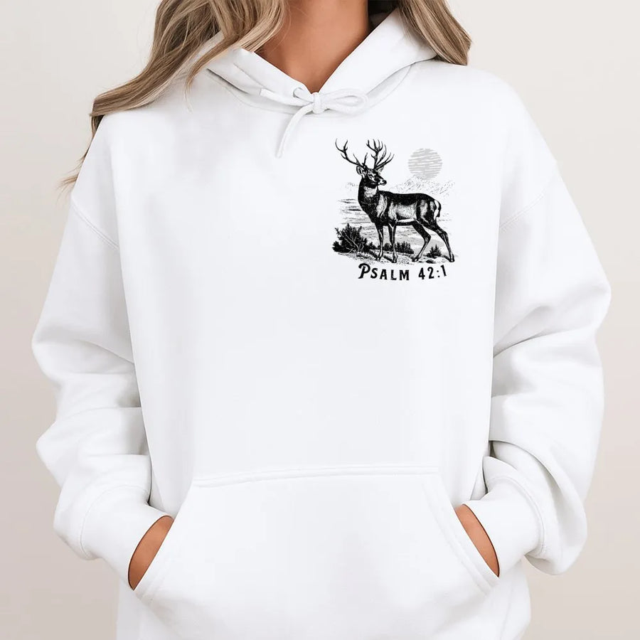 Psalm 42:1 Christian Hoodie | Vintage Deer Graphic Tee | Soft Breathable Cotton | Religious Faith Gift for Men