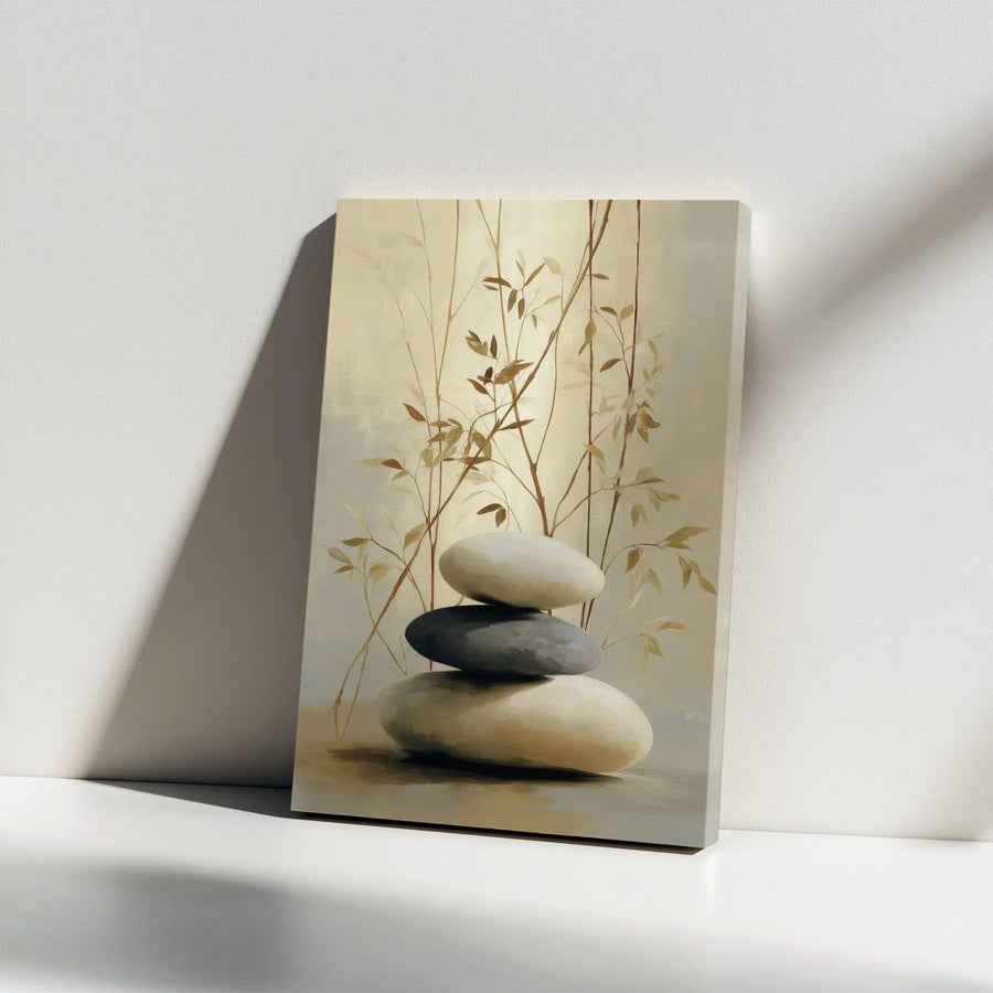 Zen Stacked Stones Vertical Canvas | Minimalist Bamboo Painting Wall Art | Premium Thick Gallery Wrap Canvas | Meditation Room Decor Gift
