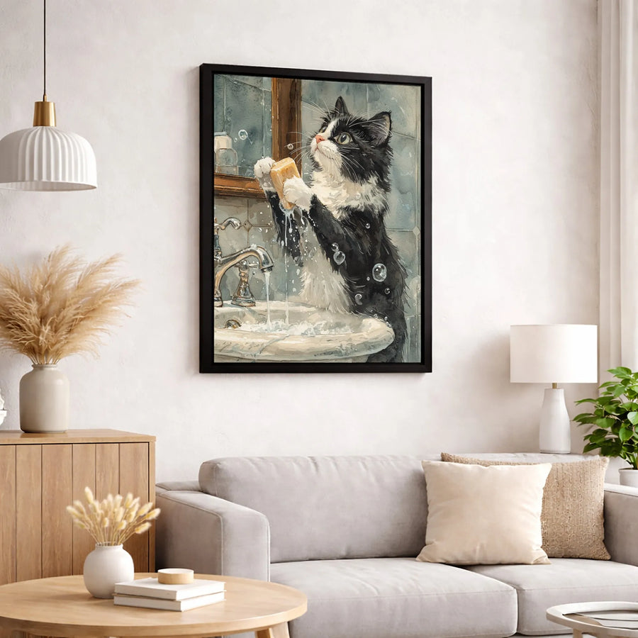 Cat Washing Paws Watercolor Canvas Print | Whimsical Bathroom Pet Wall Art | Premium Fade-Resistant Decor | Funny Cat Lover Gift Idea
