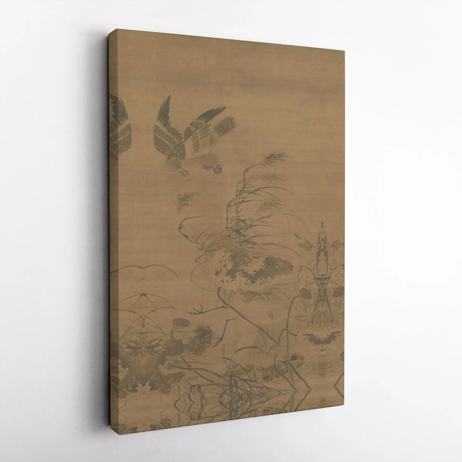 Japanese Hawk Painting Canvas | Vintage Sumi-e Style Bird of Prey | Premium 1.25" Thick Gallery Wrap | Zen Home Decor Gift for Art Lovers